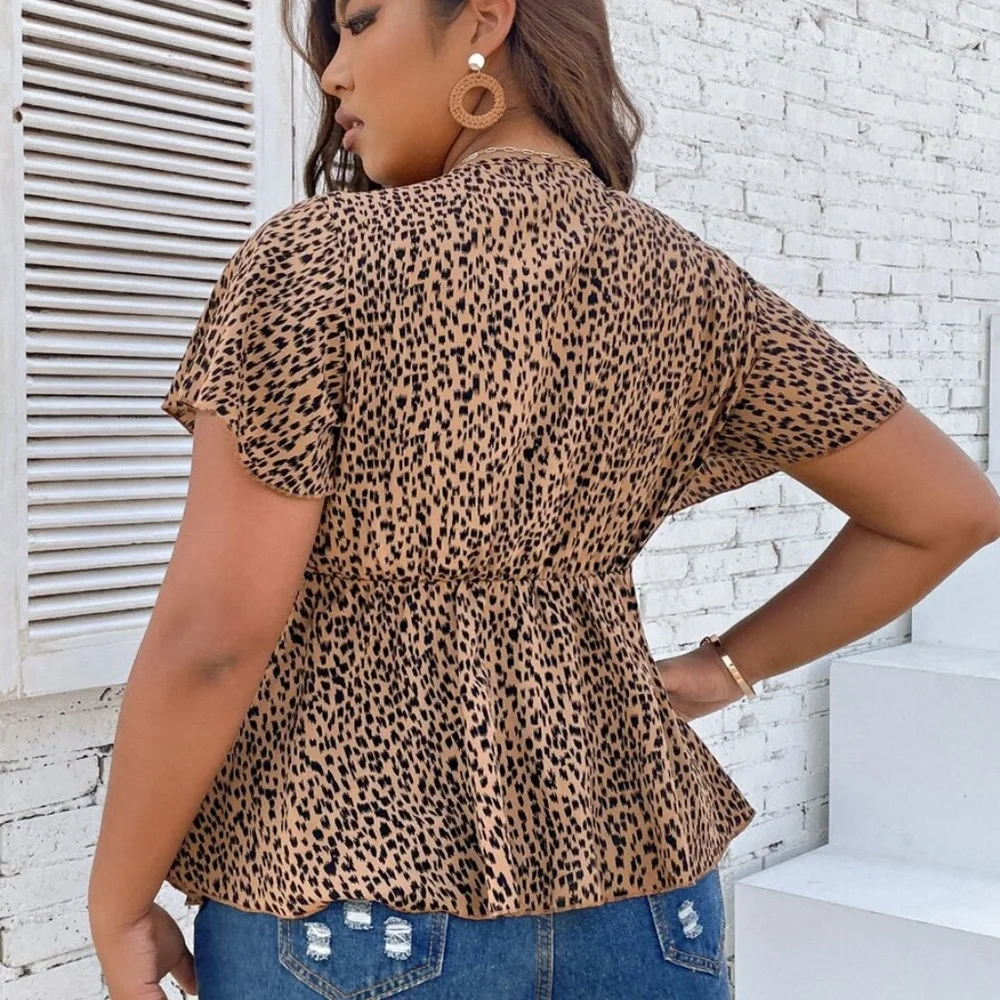 Boho Leopard Print Butterfly Sleeve Peplum Top - Picture 7 of 9